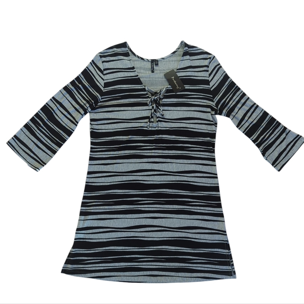 NWT Portocruz Striped Swim Cover Up Tunic Dress XL Black Gray